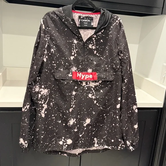 Carbon Hype Windbreaker Black and White Splatter Design Pullover. Size L - Picture 4 of 8